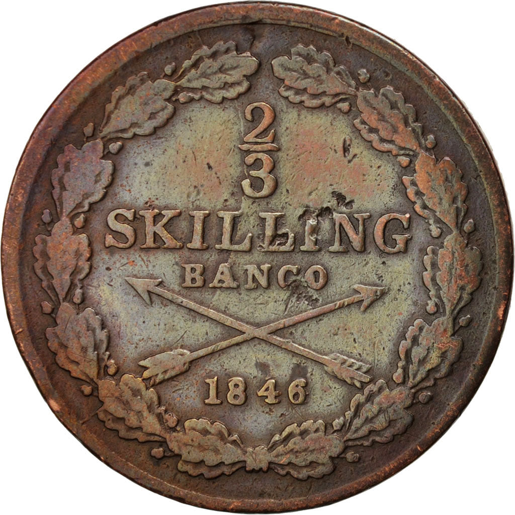 Suède, Oscar I, 2/3 Skilling, 1846, TB, Cuivre, KM:663