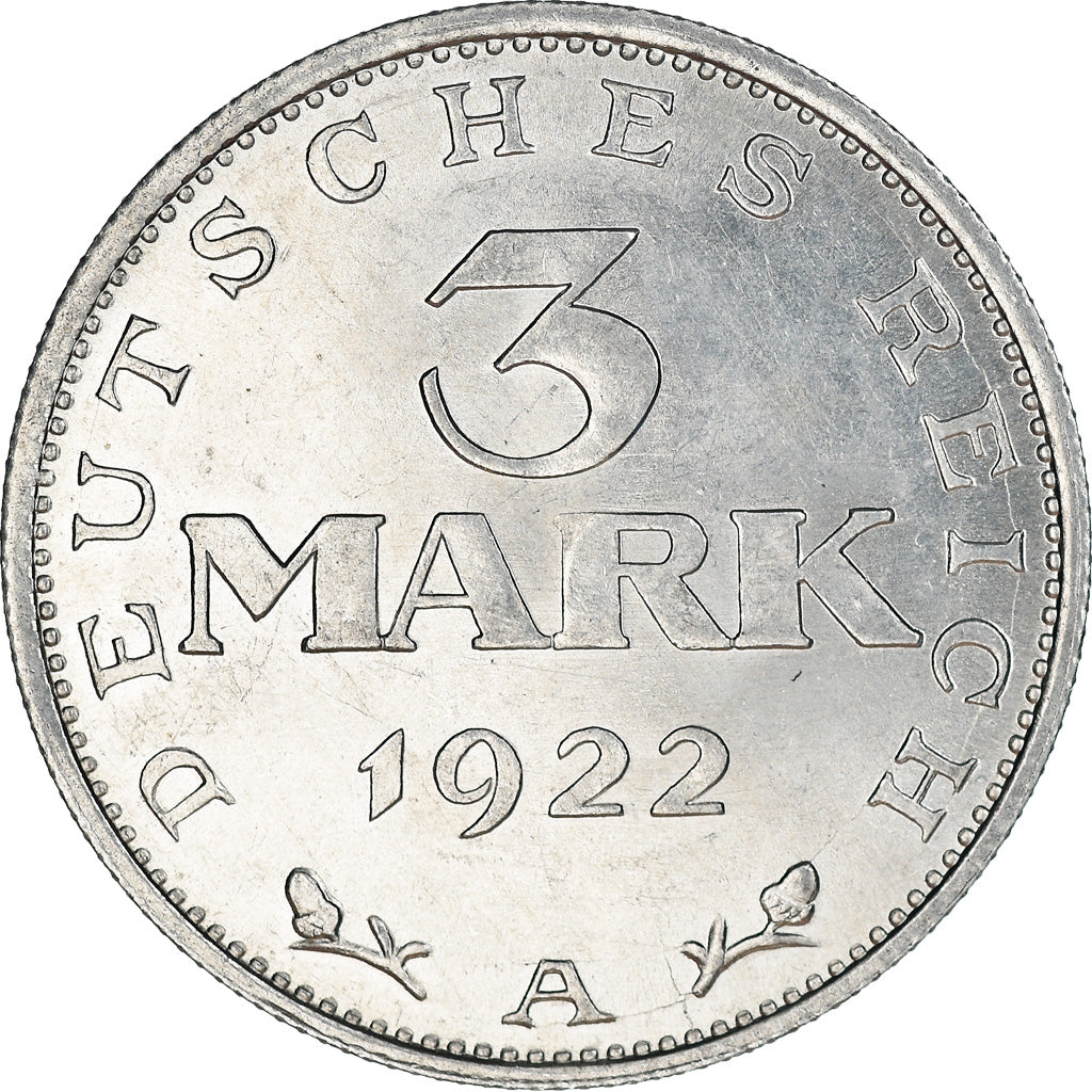 Moneta, NIEMCY, REP. WEIMARSKA, 3 Mark, 1922, Berlin, AU(55-58), Aluminium