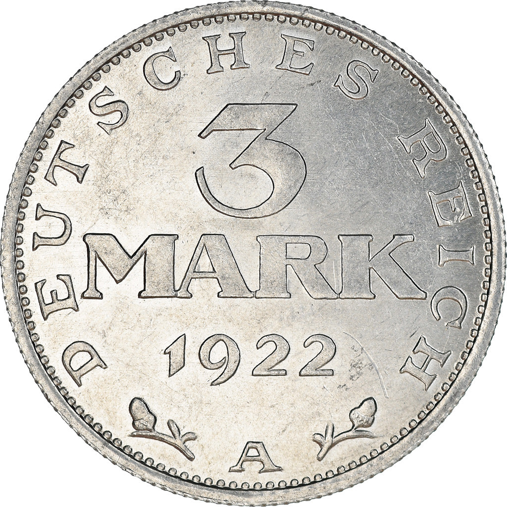 Coin, GERMANY, WEIMAR REPUBLIC, 3 Mark, 1922, Berlin, EF(40-45), Aluminum, KM:28