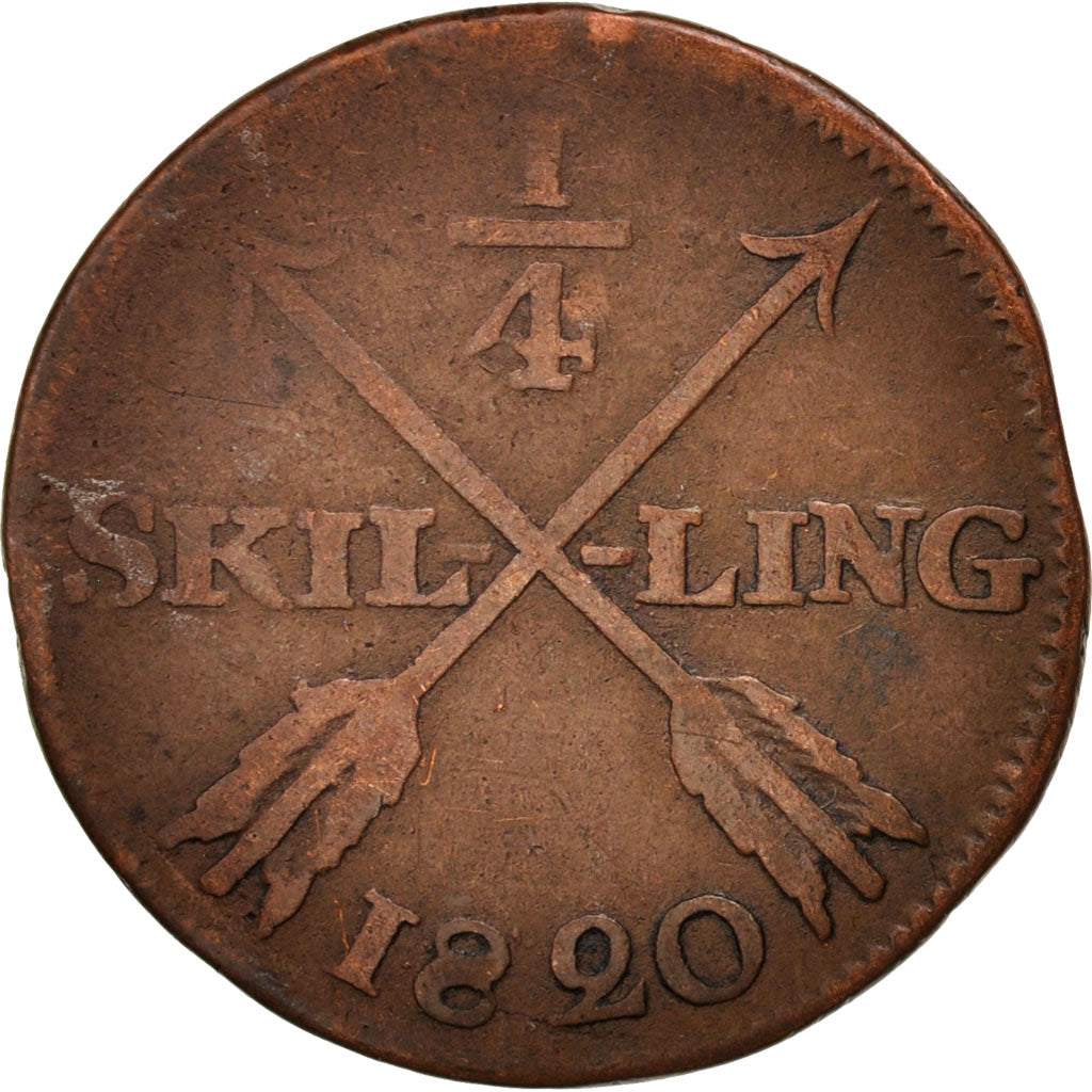 Moneta, Svezia, Carl XIV Johan, 1/4 Skilling, 1820, MB, Rame, KM:595