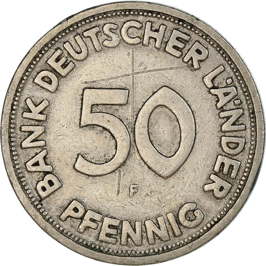 Moneda, ALEMANIA - REPÚBLICA FEDERAL, 50 Pfennig, 1949, Stuttgart, BC+, Cobre -