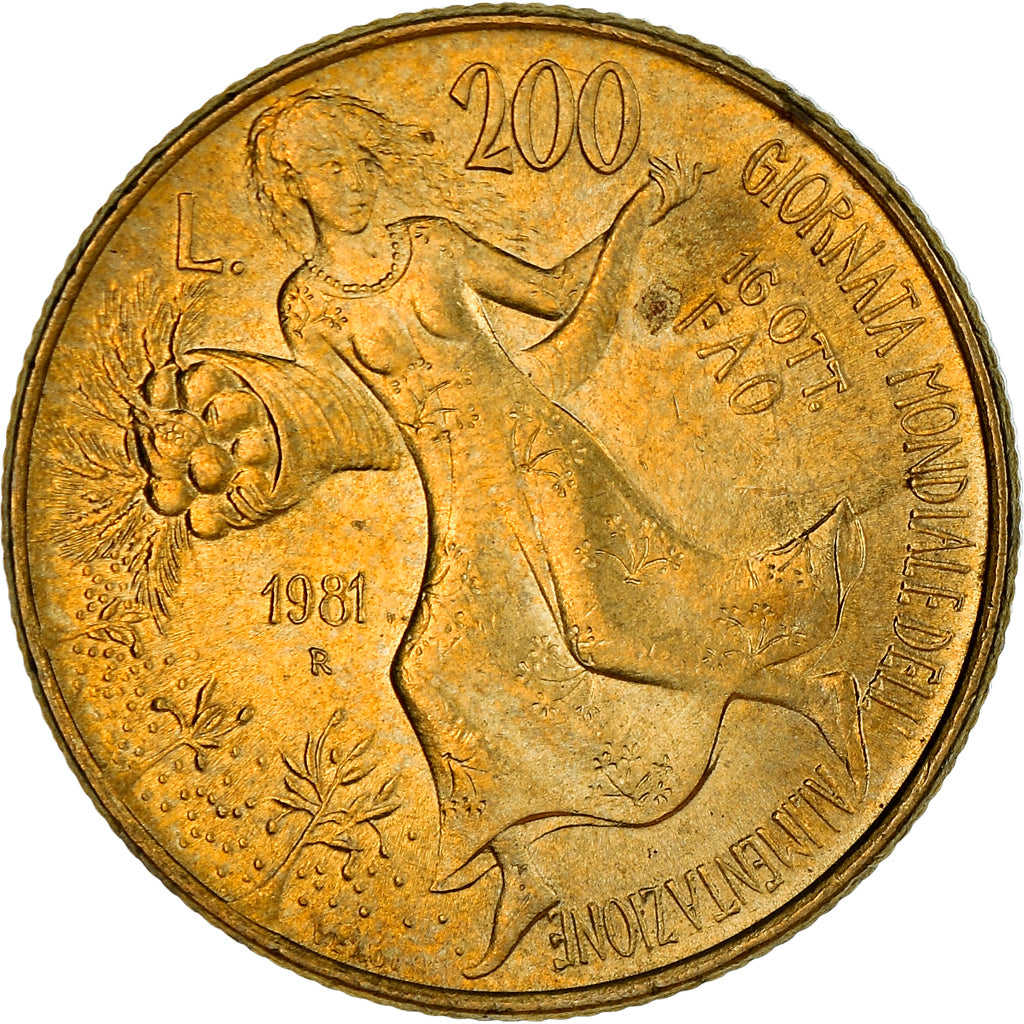 Coin, Italy, 200 Lire, 1981, Rome, AU(50-53), Aluminum-Bronze, KM:109