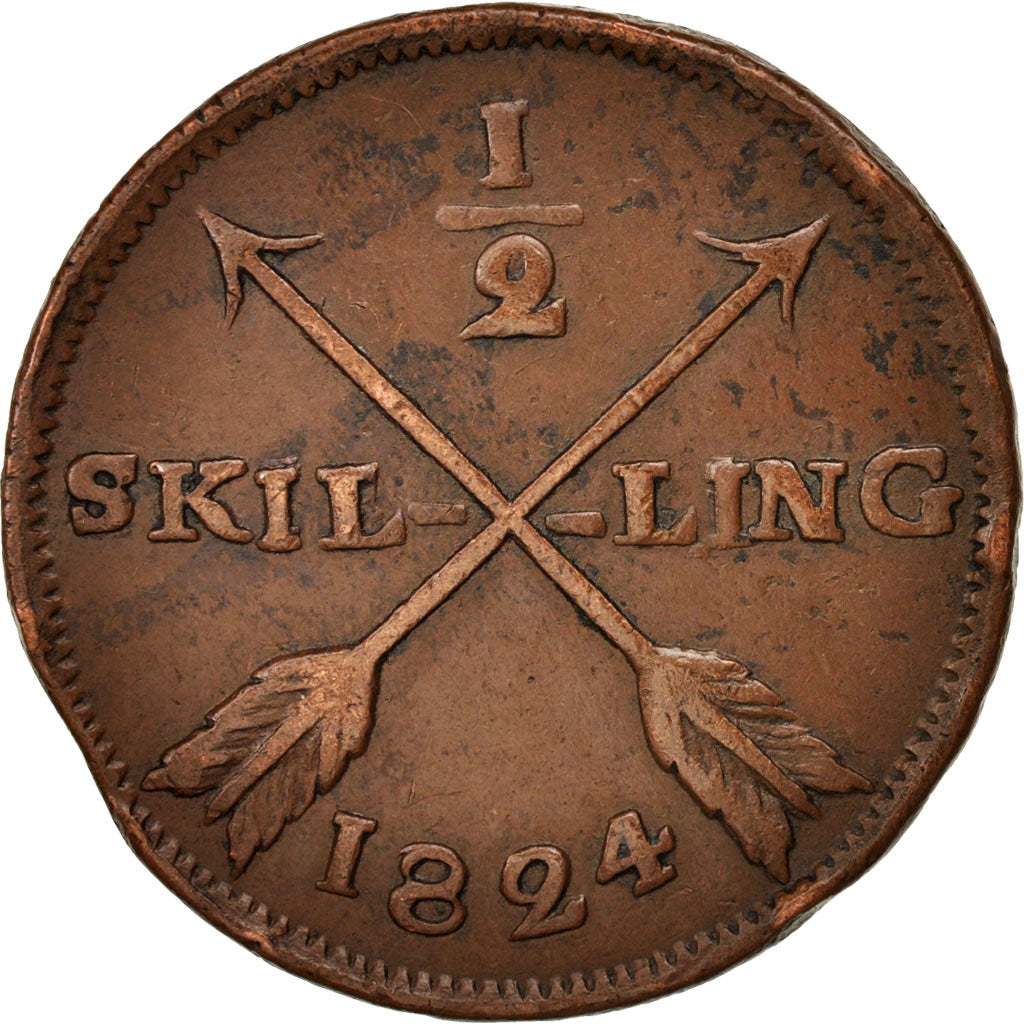 Moneta, Svezia, Carl XIV Johan, 1/2 Skilling, 1824, BB, Rame, KM:596