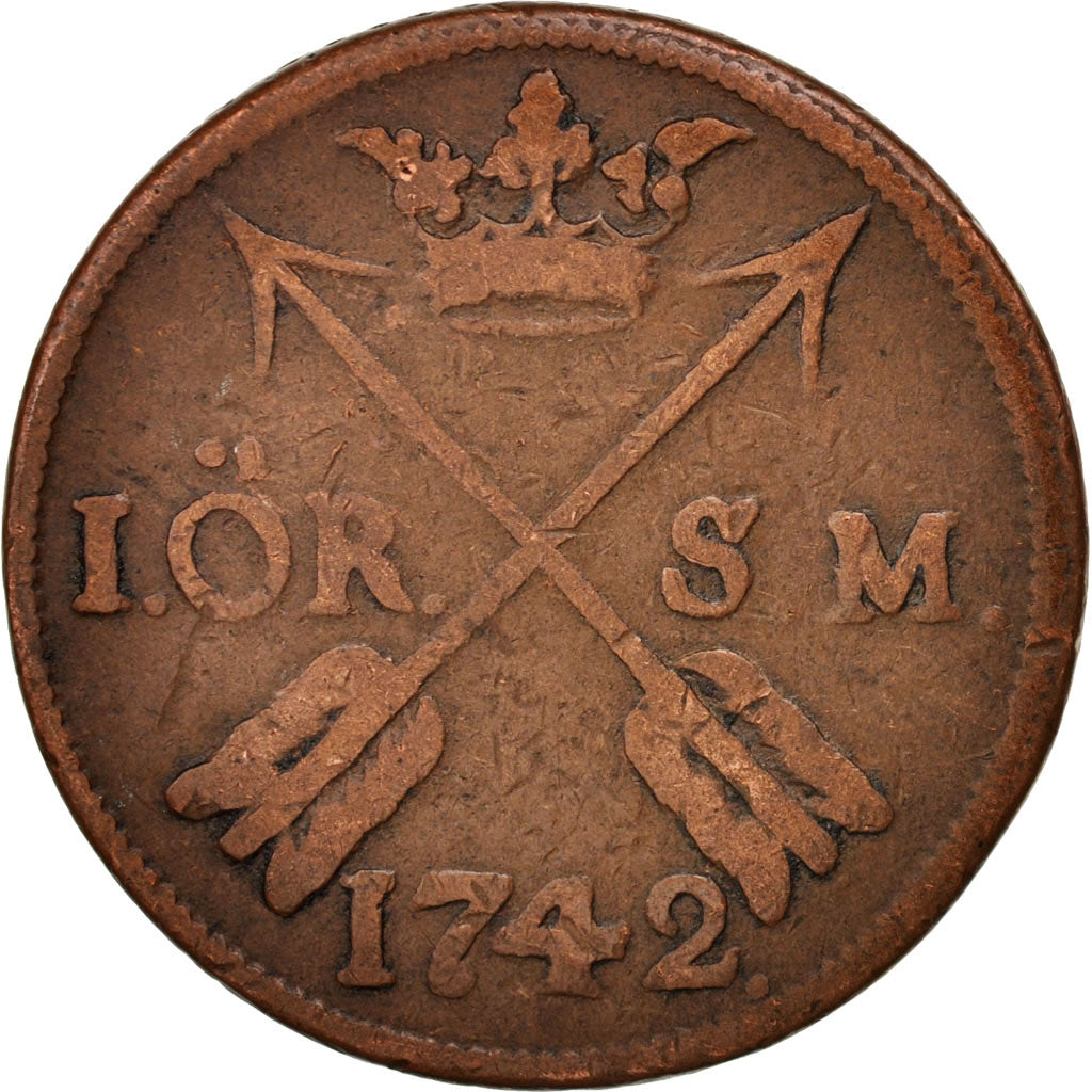 Moneta, Svezia, Frederick I, Ore, S.M., 1742, MB+, Rame, KM:416.1
