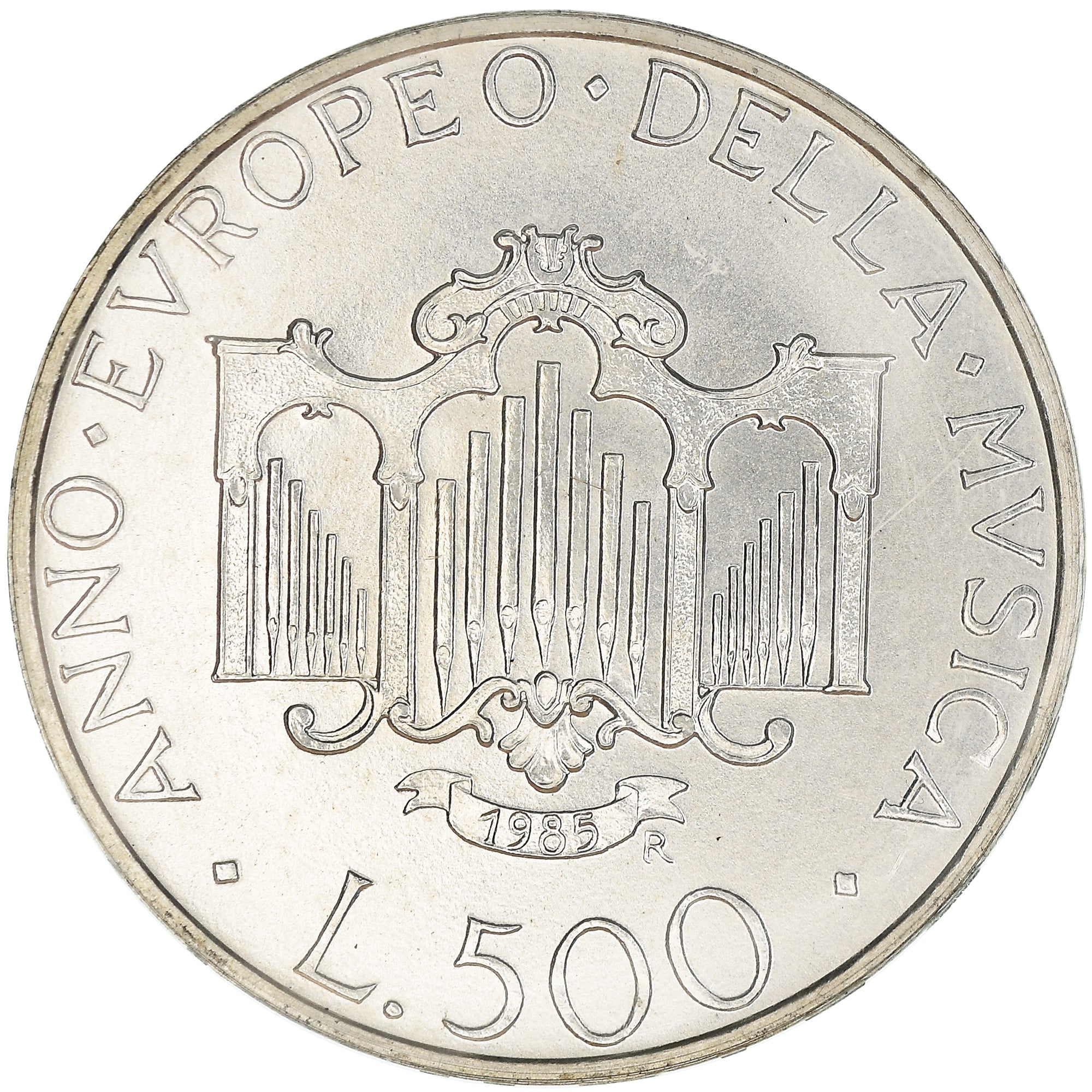 Coin, Italy, 500 Lire, 1985, Année de la musique, MS(65-70), Silver, KM:117