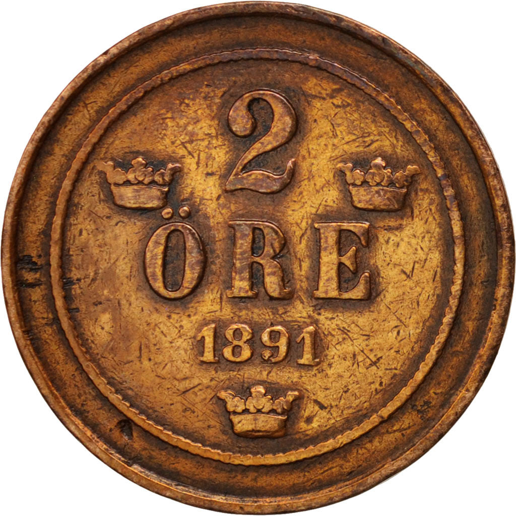 Svezia, Oscar II, 2 Öre, 1891, MB+, Bronzo, KM:746