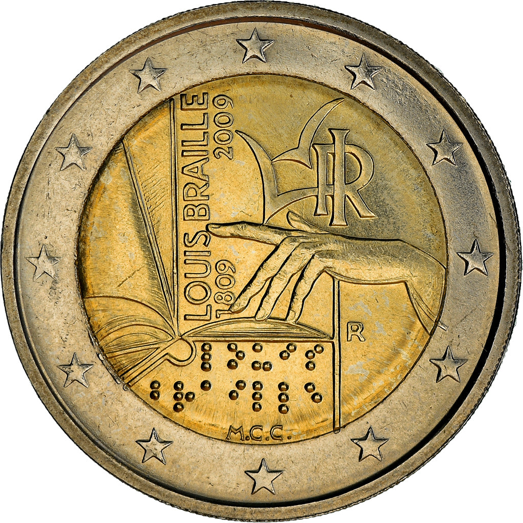 Italy, 2 Euro, Louis Braille, 2009, Rome, MS(63), Bi-Metallic, KM:310
