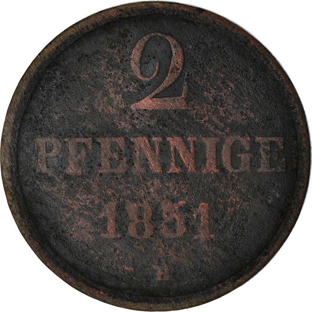Coin, German States, HANNOVER, Ernst August, 2 Pfennig, 1851, VF(20-25), Copper