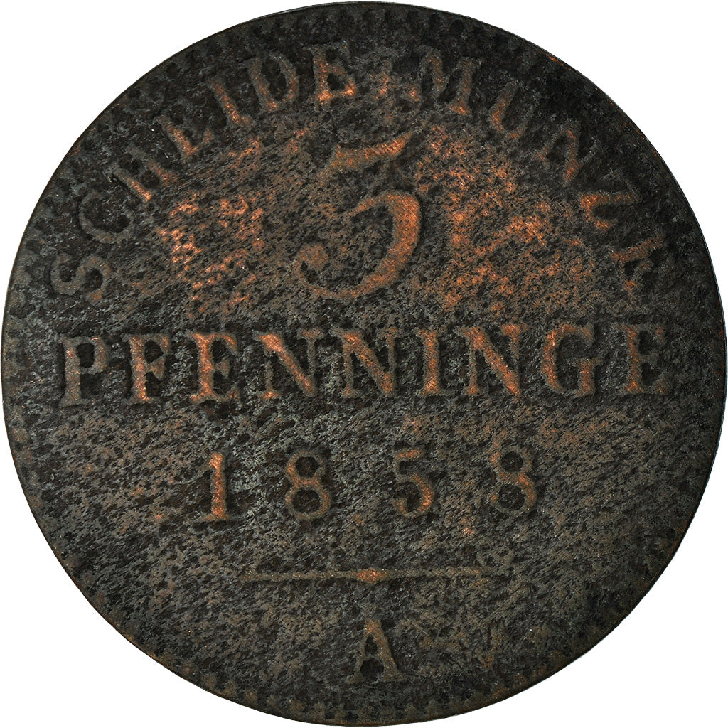 Coin, German States, 3 Pfennig, 1858, Berlin, F(12-15), Copper, KM:143