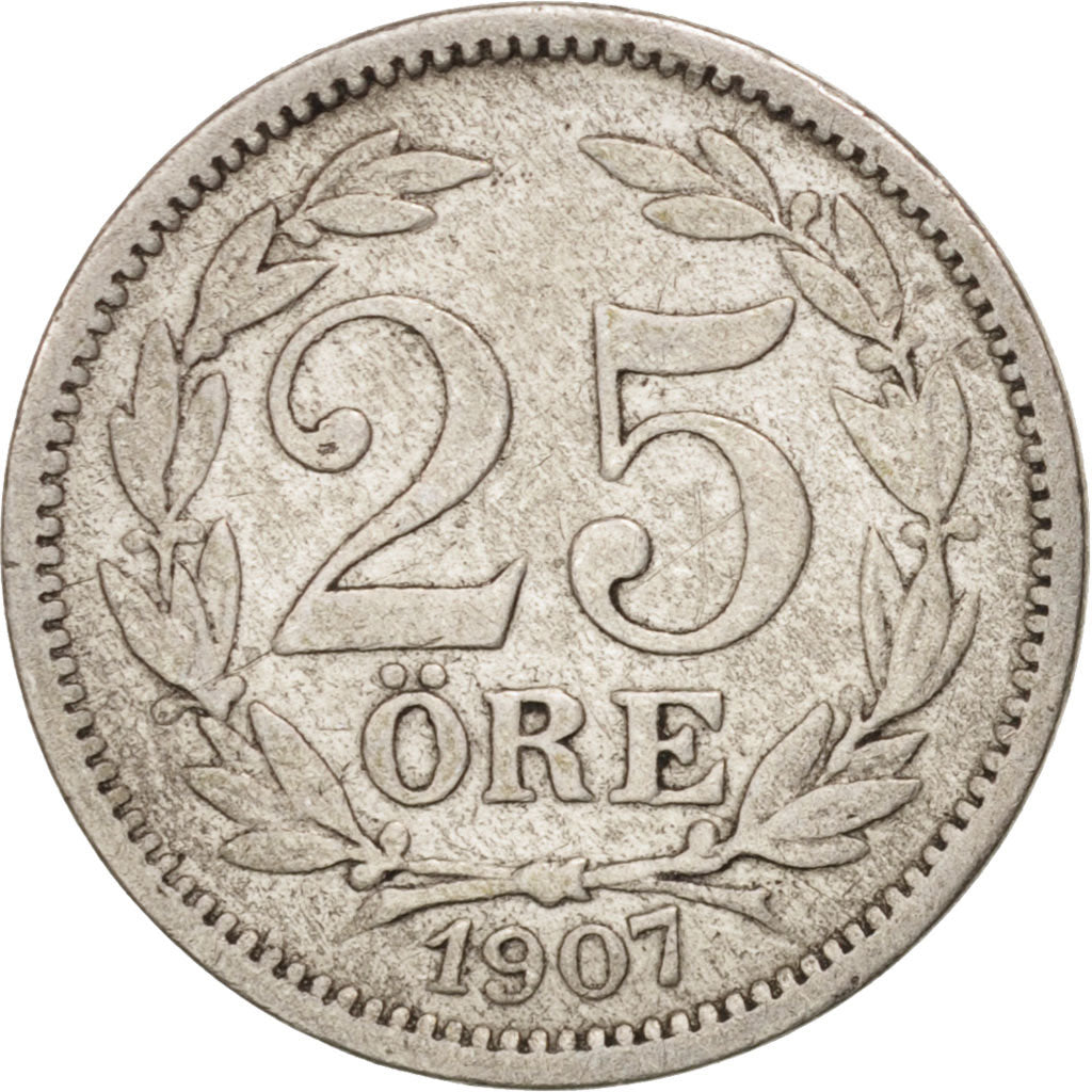 Svezia, Oscar II, 25 Öre, 1907, BB, Argento, KM:775
