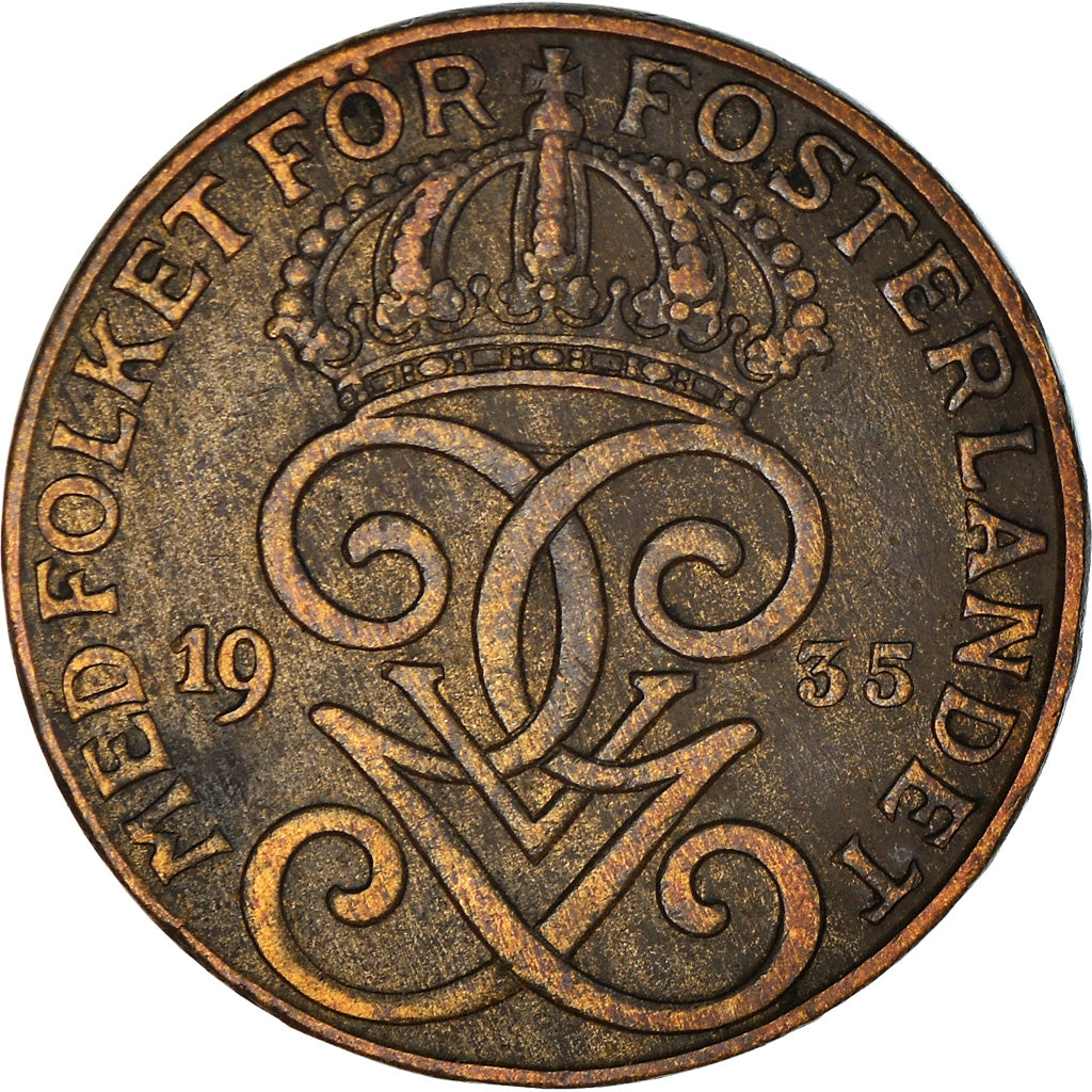 Moneda, Suecia, Gustaf V, 2 Öre, 1935, BC+, Bronce, KM:778