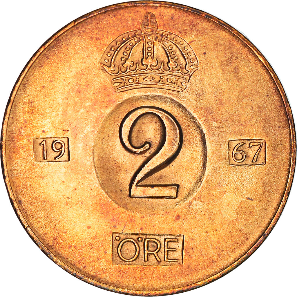 Moneta, Svezia, Gustaf VI, 2 Öre, 1967, BB+, Bronzo, KM:821