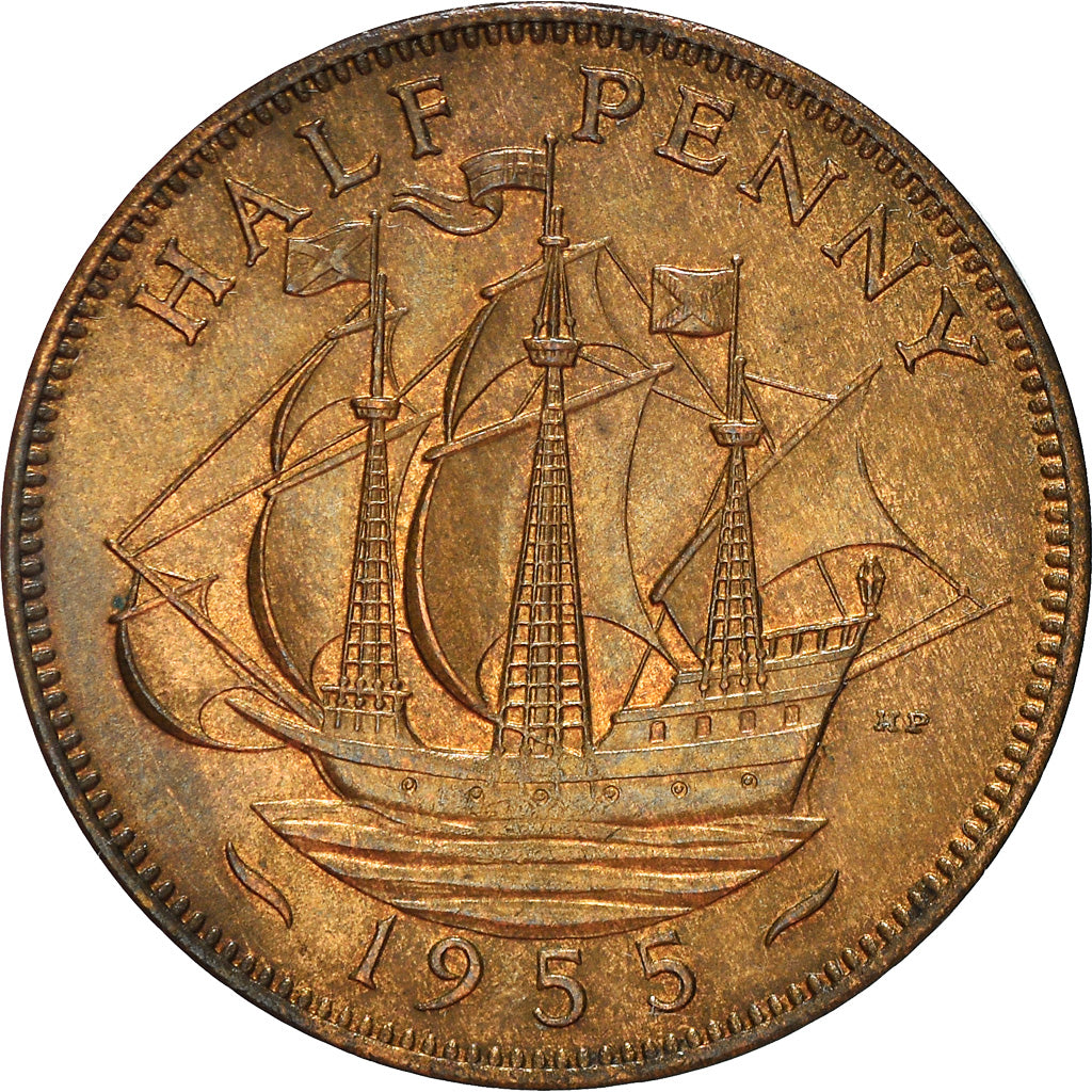 Coin, Great Britain, Elizabeth II, 1/2 Penny, 1955, VF(30-35), Bronze, KM:896
