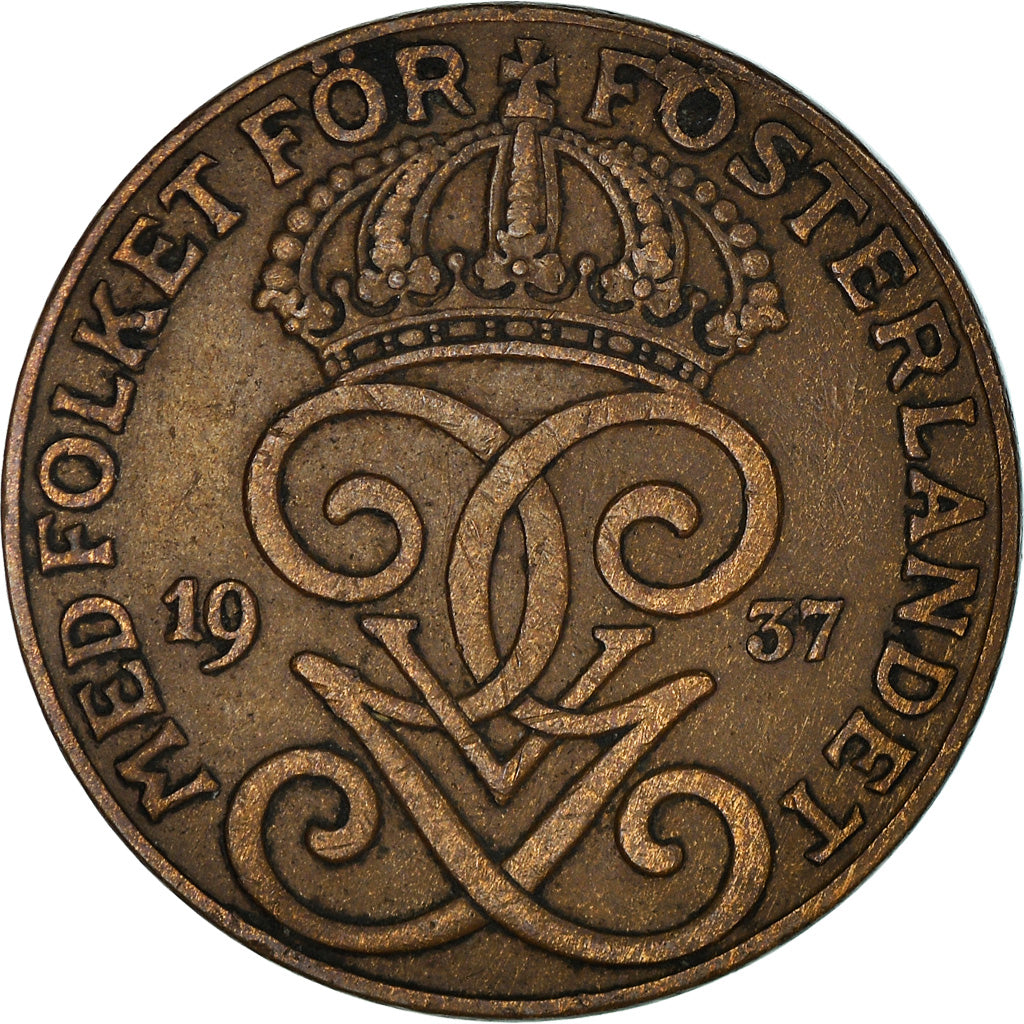 Coin, Sweden, Gustaf V, 2 Öre, 1937, EF(40-45), Bronze, KM:778