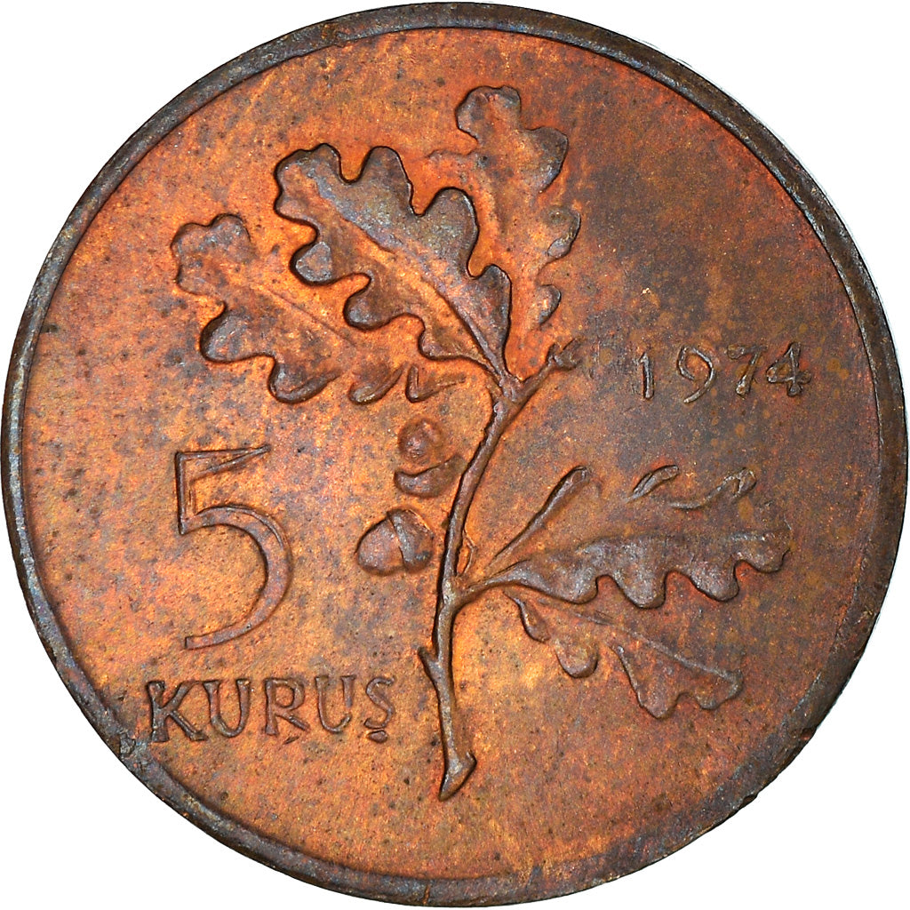 Coin, Turkey, 5 Kurus, 1974, EF(40-45), Bronze, KM:890.3