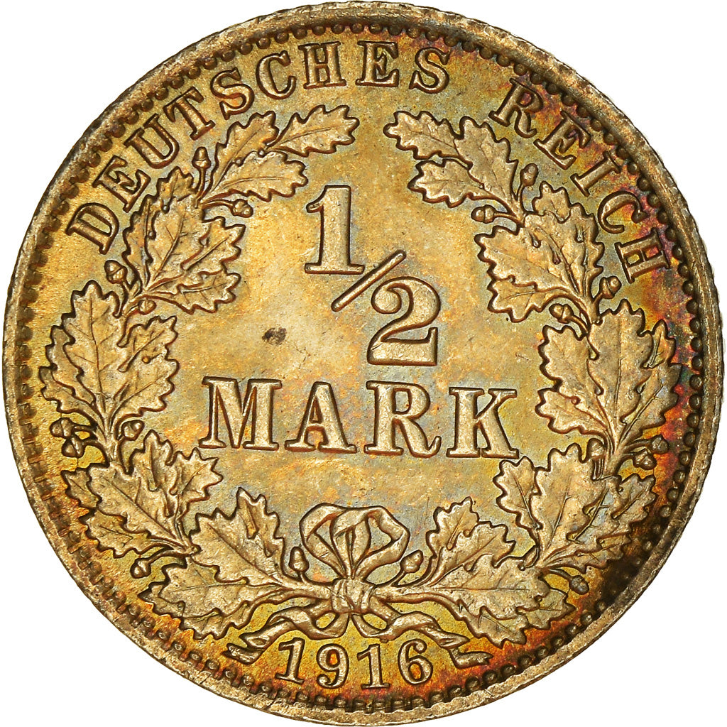 Coin, GERMANY - EMPIRE, 1/2 Mark, 1916, Berlin, Iridescent toning, AU(55-58)