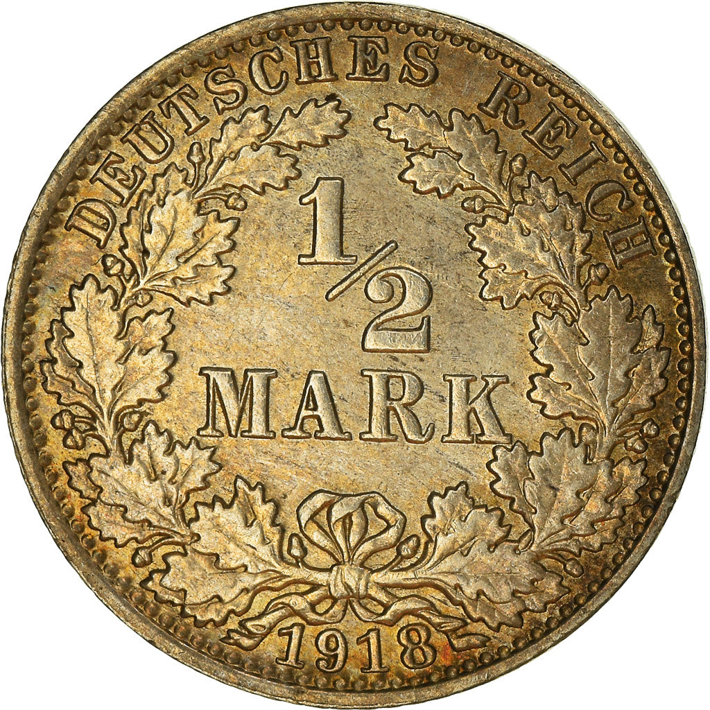 Coin, GERMANY - EMPIRE, 1/2 Mark, 1918, Berlin, AU(50-53), Silver, KM:17