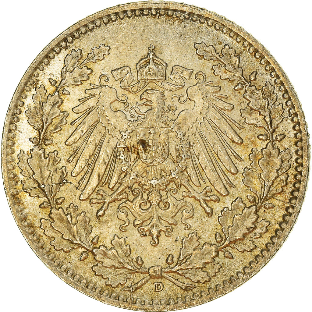 Coin, GERMANY - EMPIRE, 1/2 Mark, 1918, Munich, AU(55-58), Silver, KM:17