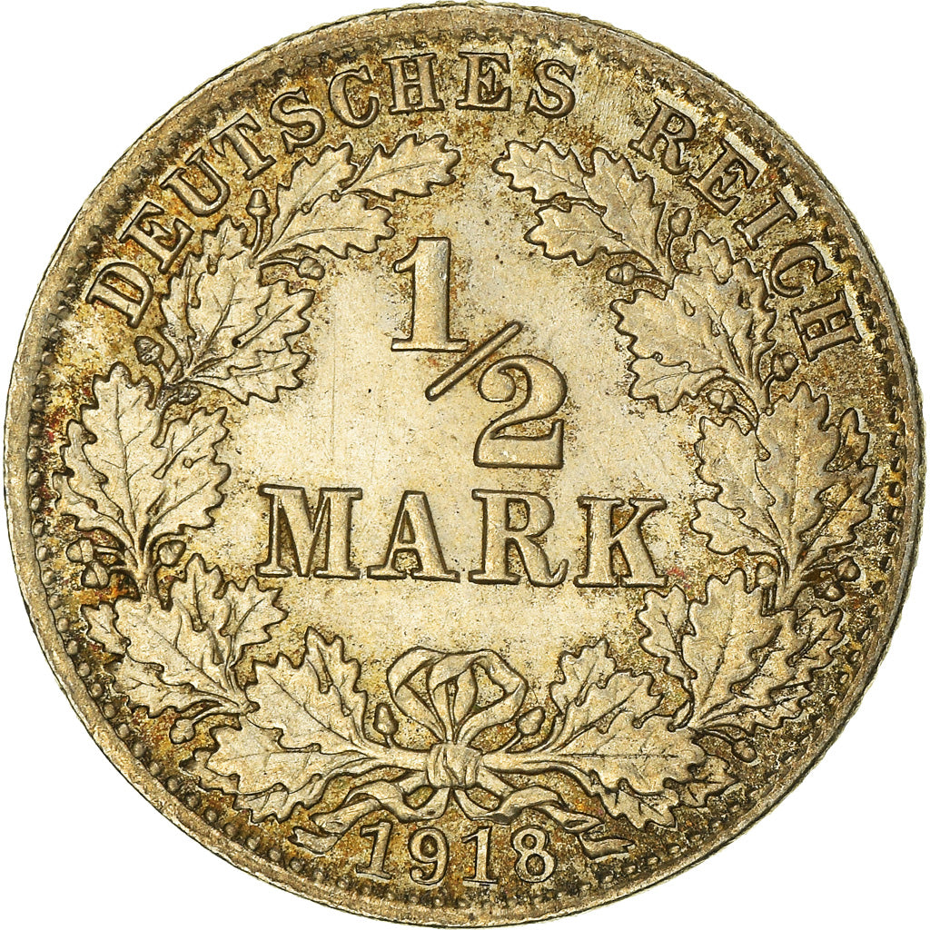 Coin, GERMANY - EMPIRE, 1/2 Mark, 1918, Munich, AU(50-53), Silver, KM:17