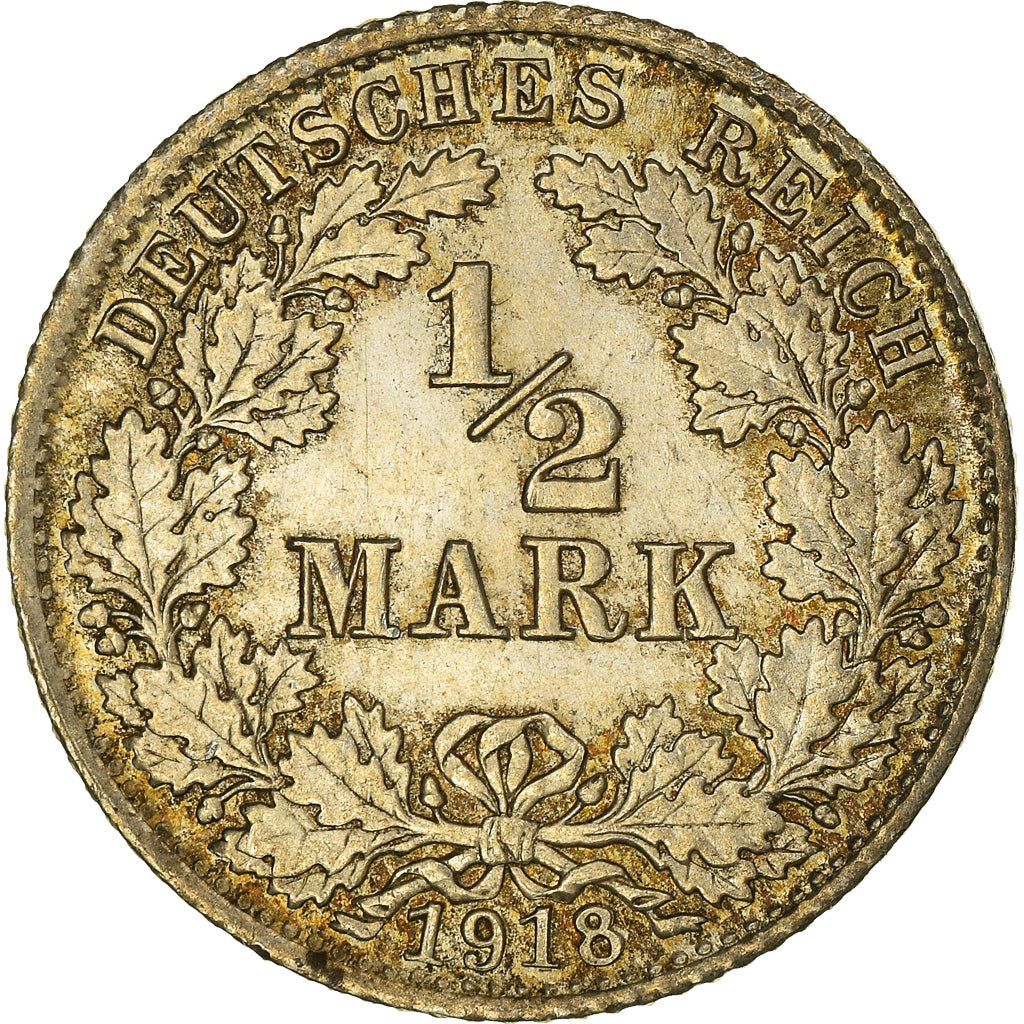 Coin, GERMANY - EMPIRE, 1/2 Mark, 1918, Munich, AU(55-58), Silver, KM:17
