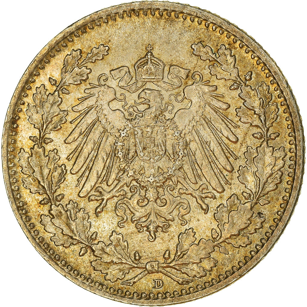 Coin, GERMANY - EMPIRE, 1/2 Mark, 1918, Munich, AU(55-58), Silver, KM:17