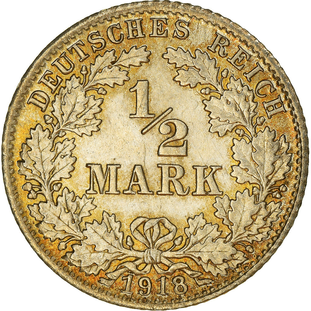 Coin, GERMANY - EMPIRE, 1/2 Mark, 1918, Munich, AU(55-58), Silver, KM:17