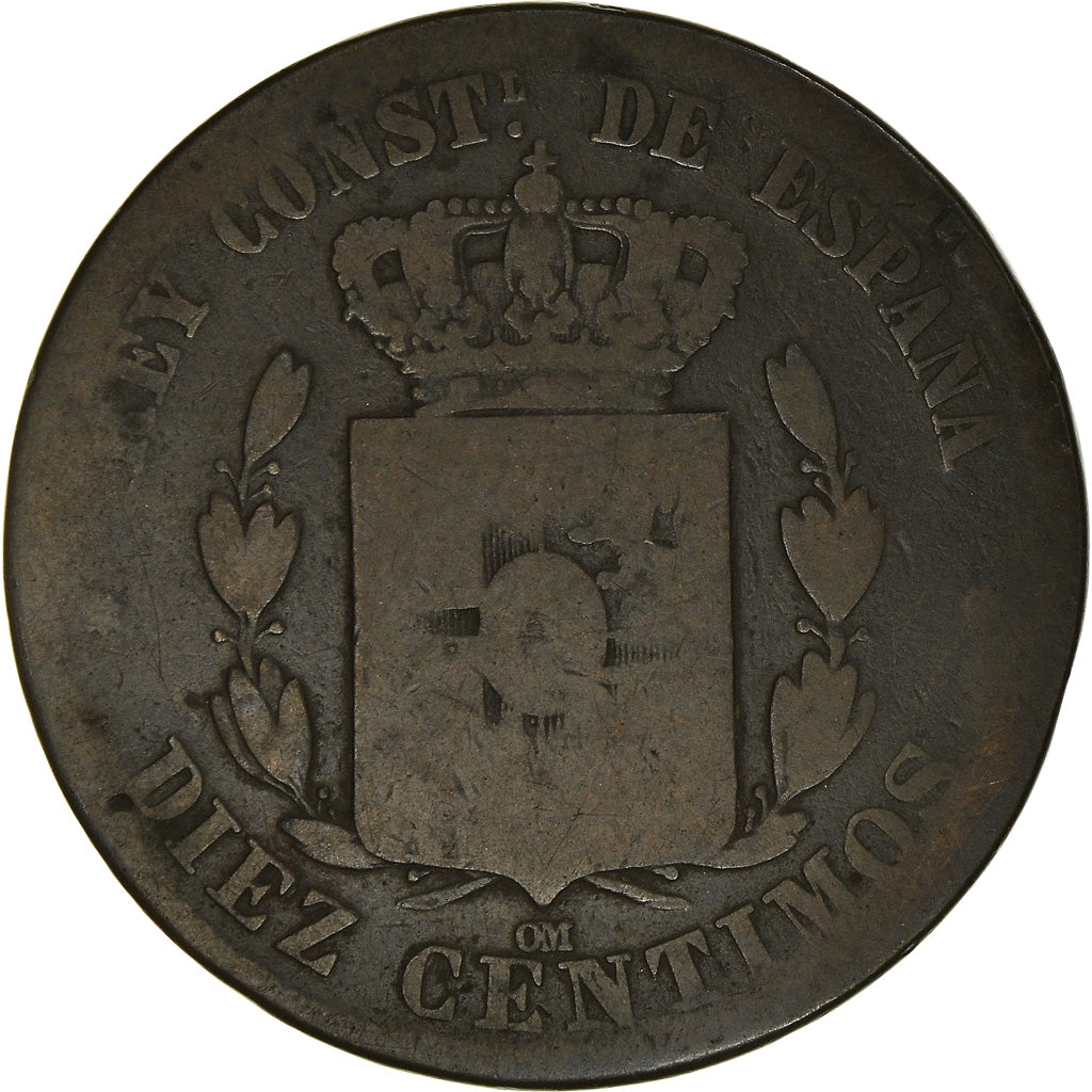 Moneta, Spagna, Alfonso XII, 10 Centimos, 1878, Madrid, MB, Bronzo, KM:675