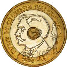 Coin, France, Pierre de Coubertin, 20 Francs, 1994, EF(40-45), Tri-Metallic