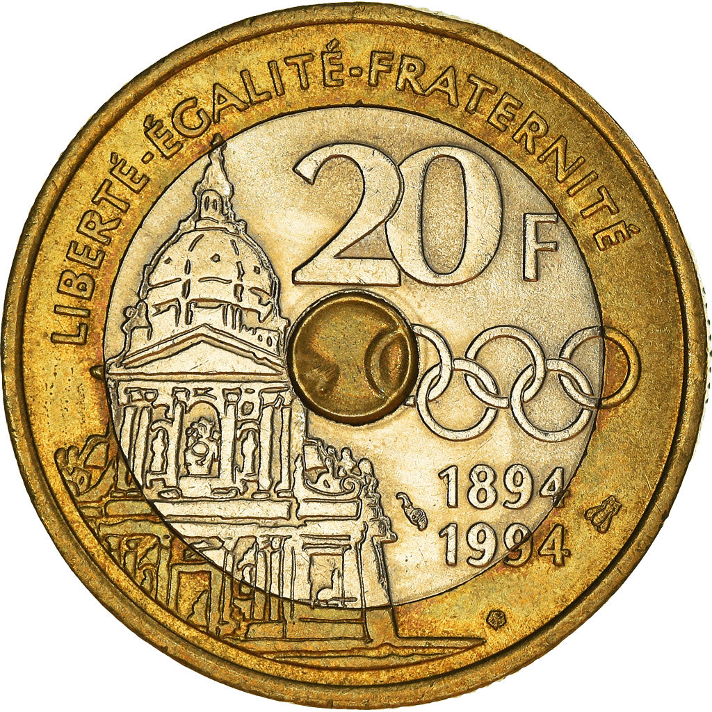 Coin, France, Pierre de Coubertin, 20 Francs, 1994, EF(40-45), Tri-Metallic