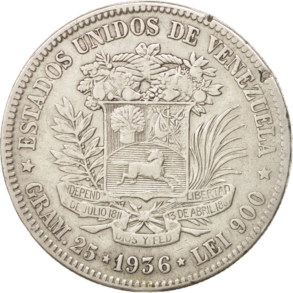 Venezuela, Gram 25, 5 Bolivares, 1936, BB, Argento, KM:24.2