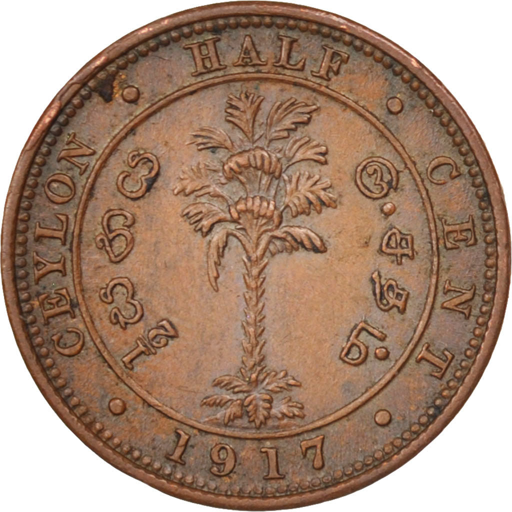 Ceylon, George V, 1/2 Cent, 1917, AU(55-58), Copper, KM:106