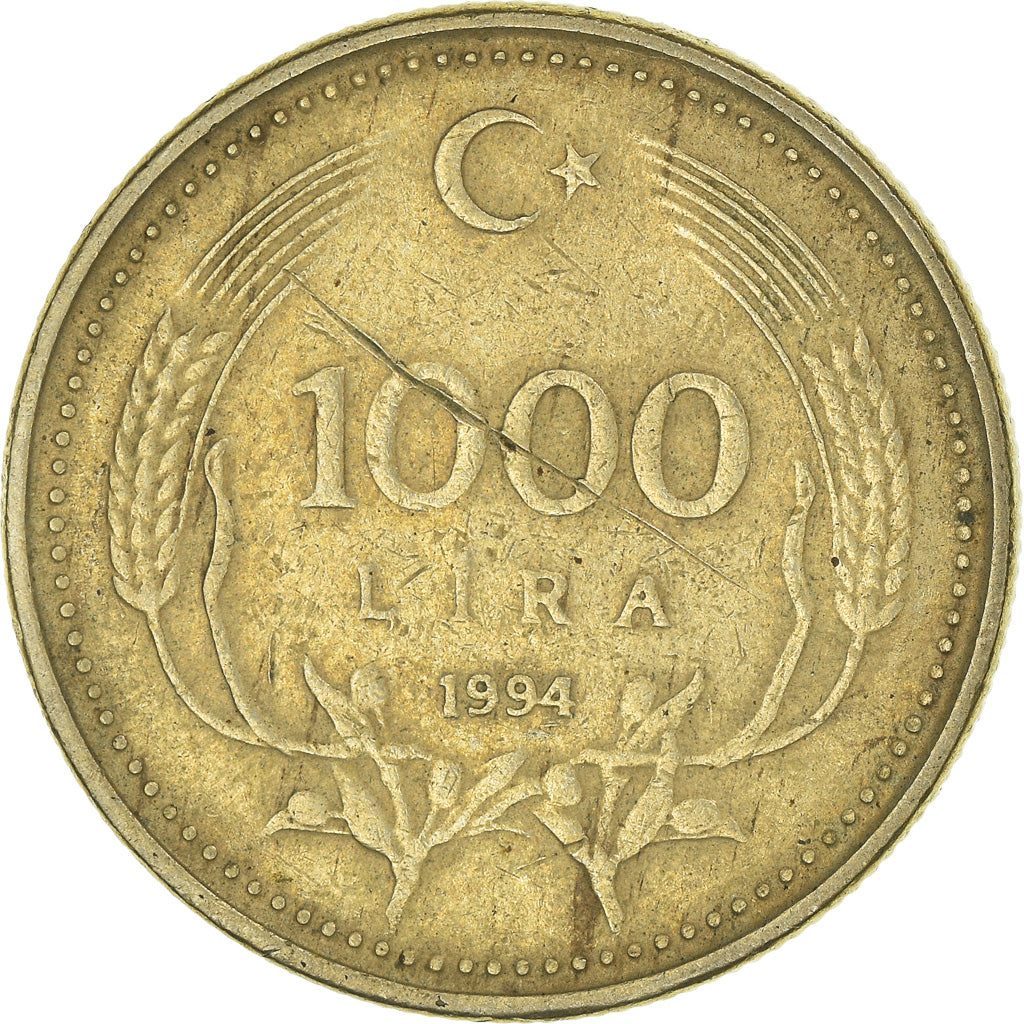 Moneta, Turcja, 1000 Lira, 1994, VF(30-35), Mosiądz niklowy, KM:997