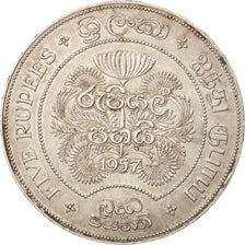 Moneta, Ceylon, Elizabeth II, 5 Rupees, 1957, BB+, Argento, KM:126