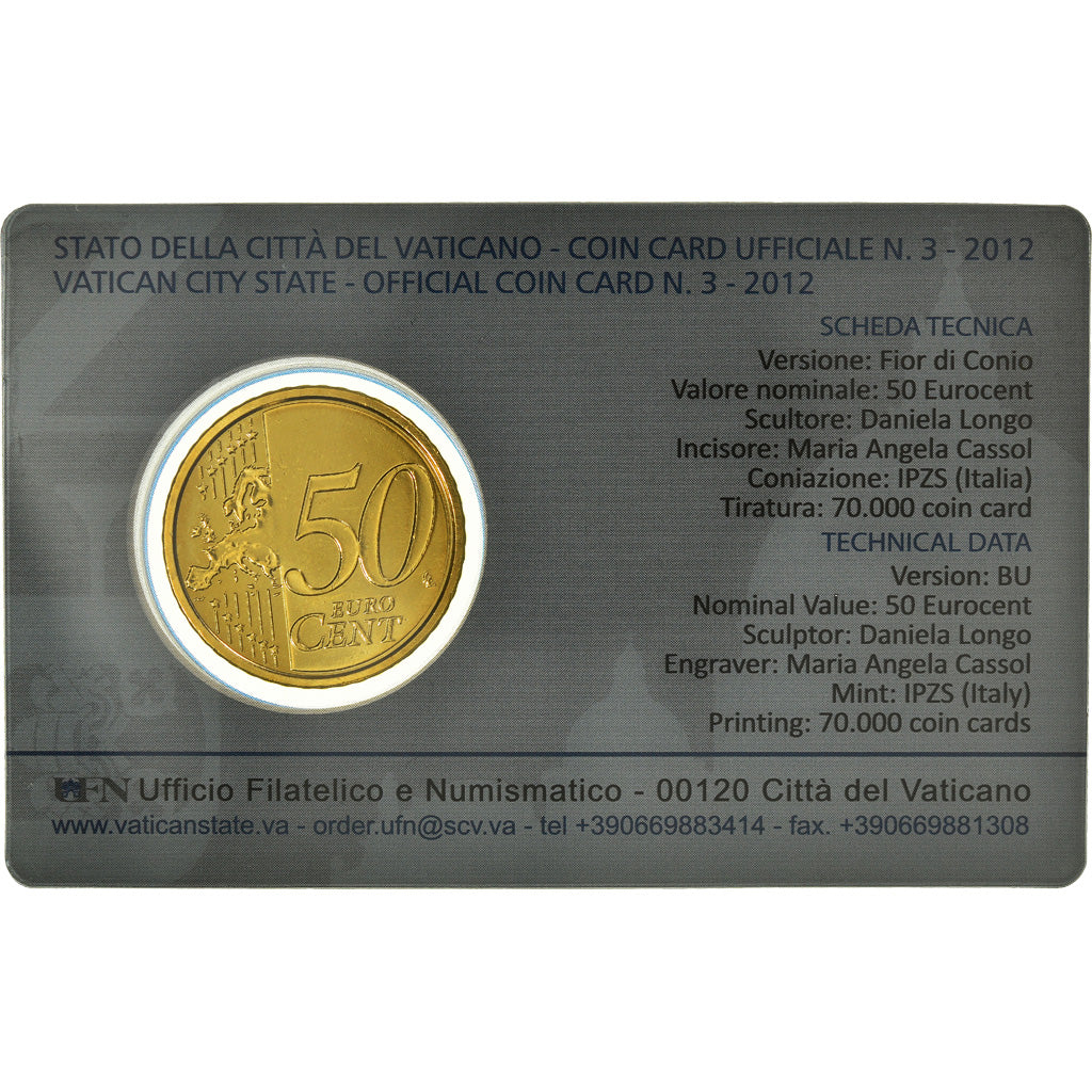 VATICAN CITY, 50 Euro Cent, 2012, Rome, Coin card, MS(65-70), Brass