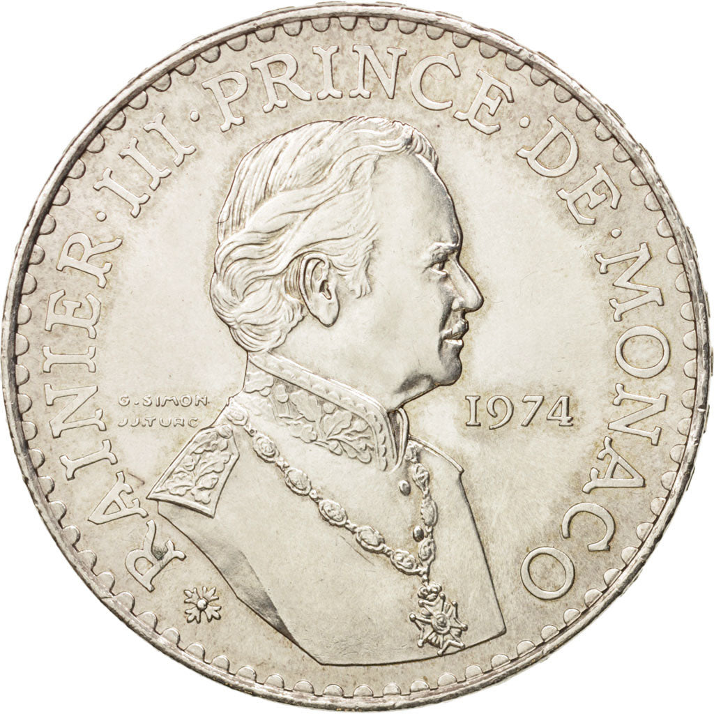 Monaco, Rainier III, 50 Francs, 1974, MS(63), Silver, KM:152.1