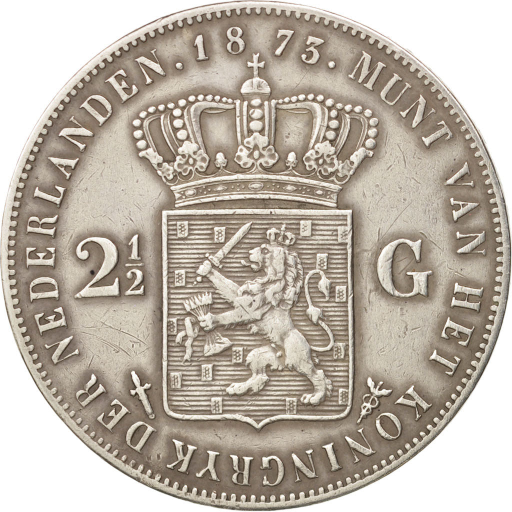 Paesi Bassi, William III, 2-1/2 Gulden, 1873, BB, Argento, KM:82