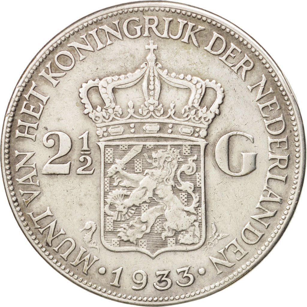 Paesi Bassi, Wilhelmina I, 2-1/2 Gulden, 1933, BB, Argento, KM:165