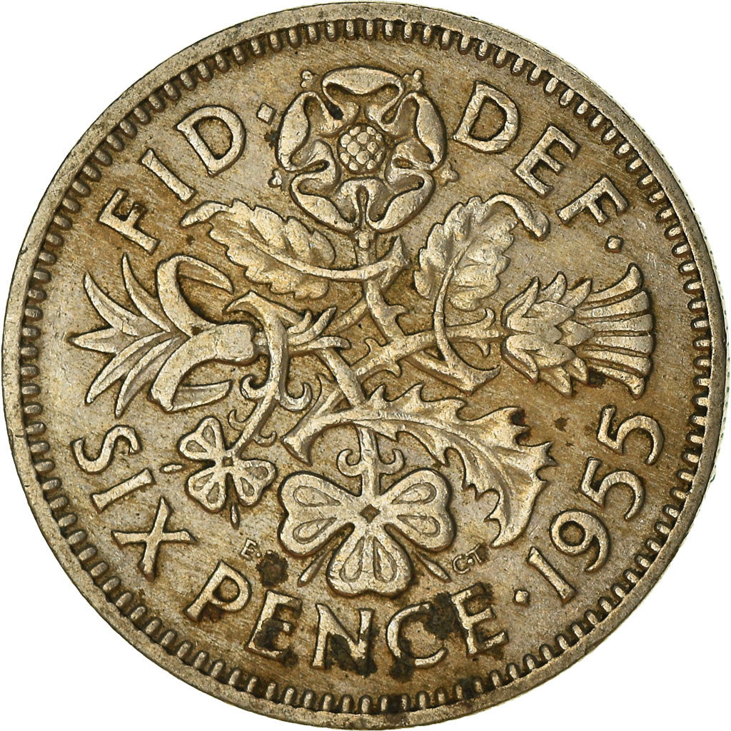 Coin, Great Britain, Elizabeth II, 6 Pence, 1955, VF(20-25), Copper-nickel