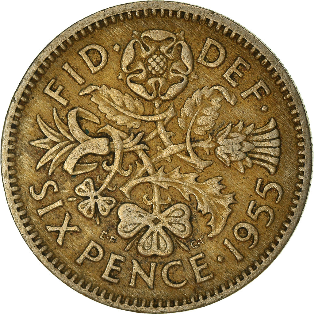 Coin, Great Britain, Elizabeth II, 6 Pence, 1955, VF(20-25), Copper-nickel
