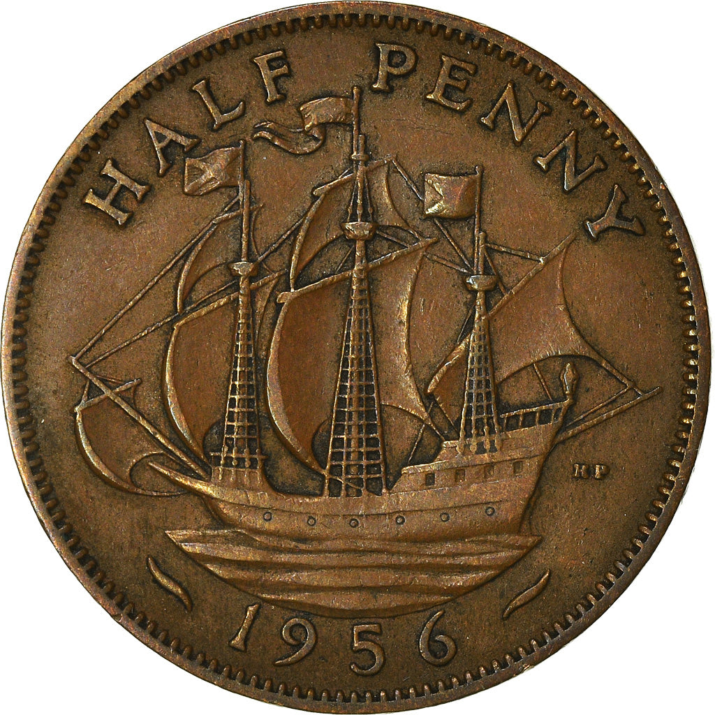 Coin, Great Britain, Elizabeth II, 1/2 Penny, 1956, VF(30-35), Bronze, KM:896