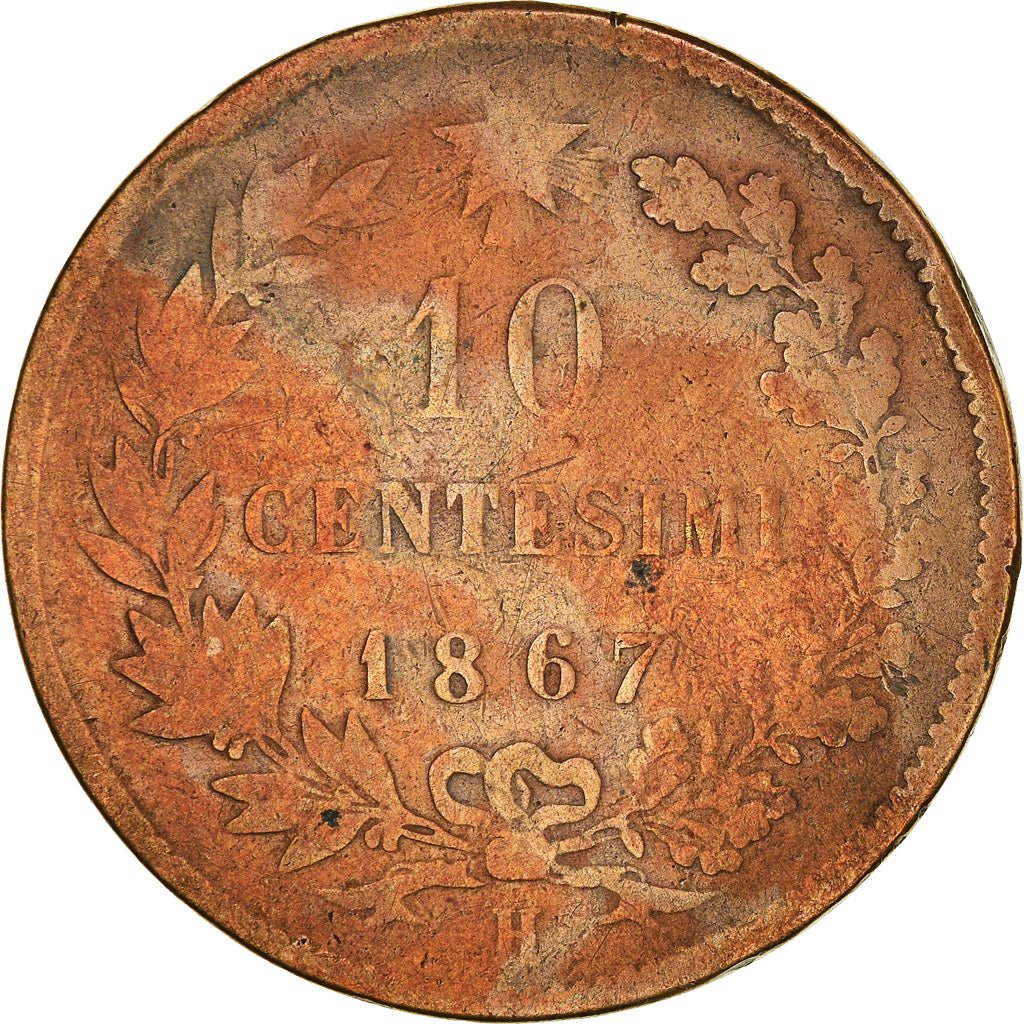 Moneda, Italia, Vittorio Emanuele II, 10 Centesimi, 1867, Birmingham, BC+