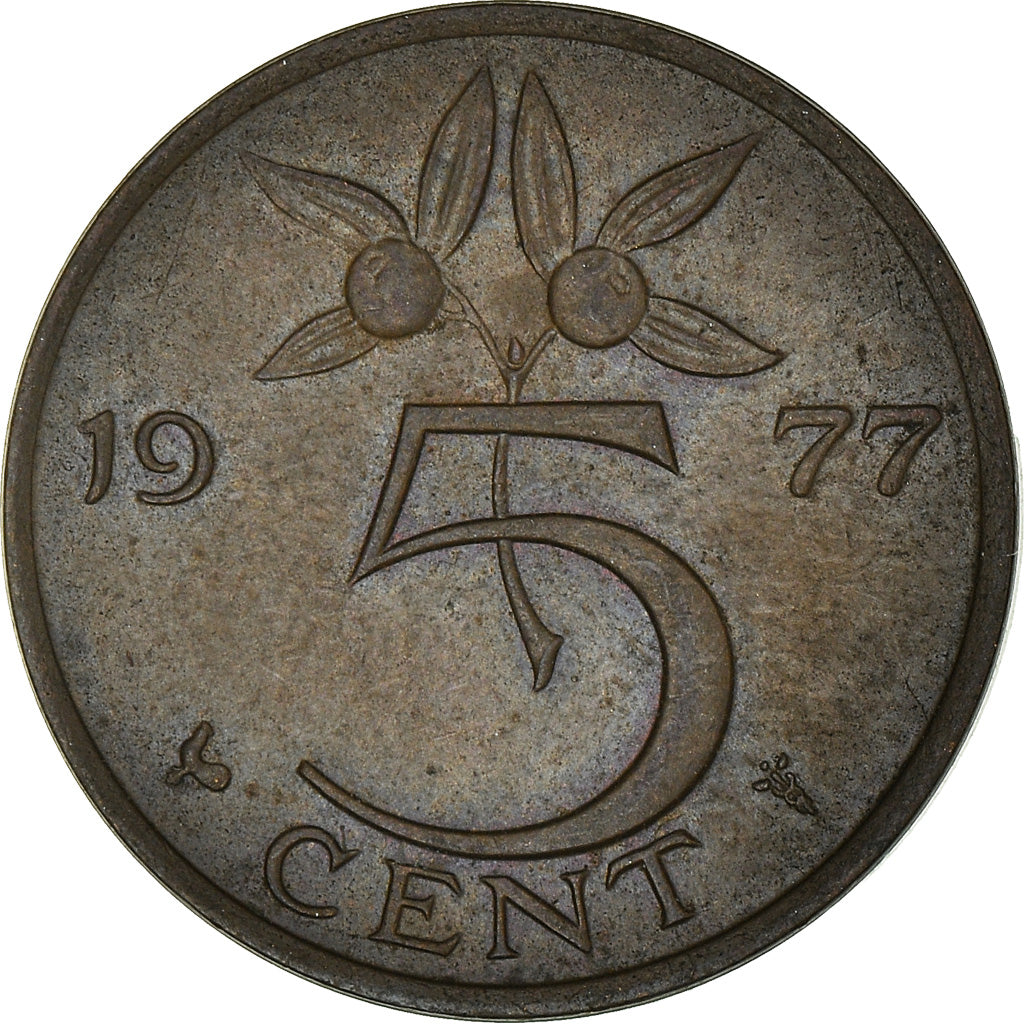 Moneda, Países Bajos, Juliana, 5 Cents, 1977, MBC, Bronce, KM:181