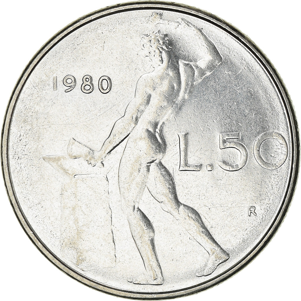 Coin, Italy, 50 Lire, 1980, Rome, AU(50-53), Stainless Steel, KM:95.1