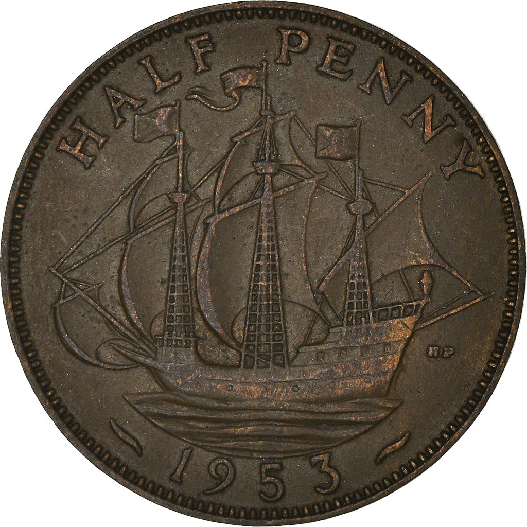 Moneta, Gran Bretagna, Elizabeth II, 1/2 Penny, 1953, MB+, Bronzo, KM:882