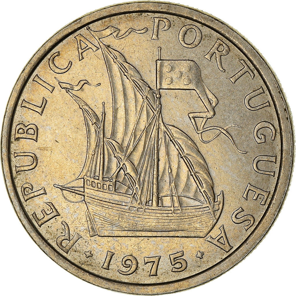 Moneta, Portugal, 5 Escudos, 1975, AU(50-53), Miedź-Nikiel, KM:591