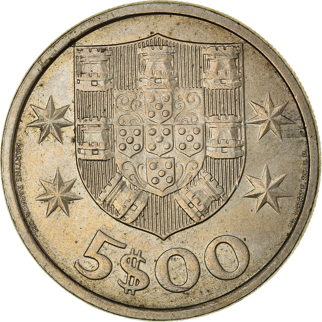 Moneta, Portugal, 5 Escudos, 1975, AU(50-53), Miedź-Nikiel, KM:591