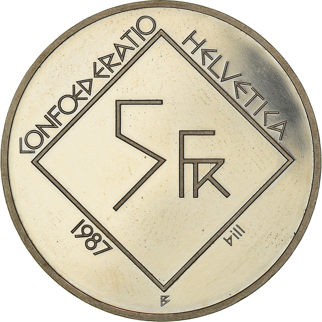 Coin, Switzerland, Le Corbusier, 5 Francs, 1987, BE, MS(63), Copper-nickel