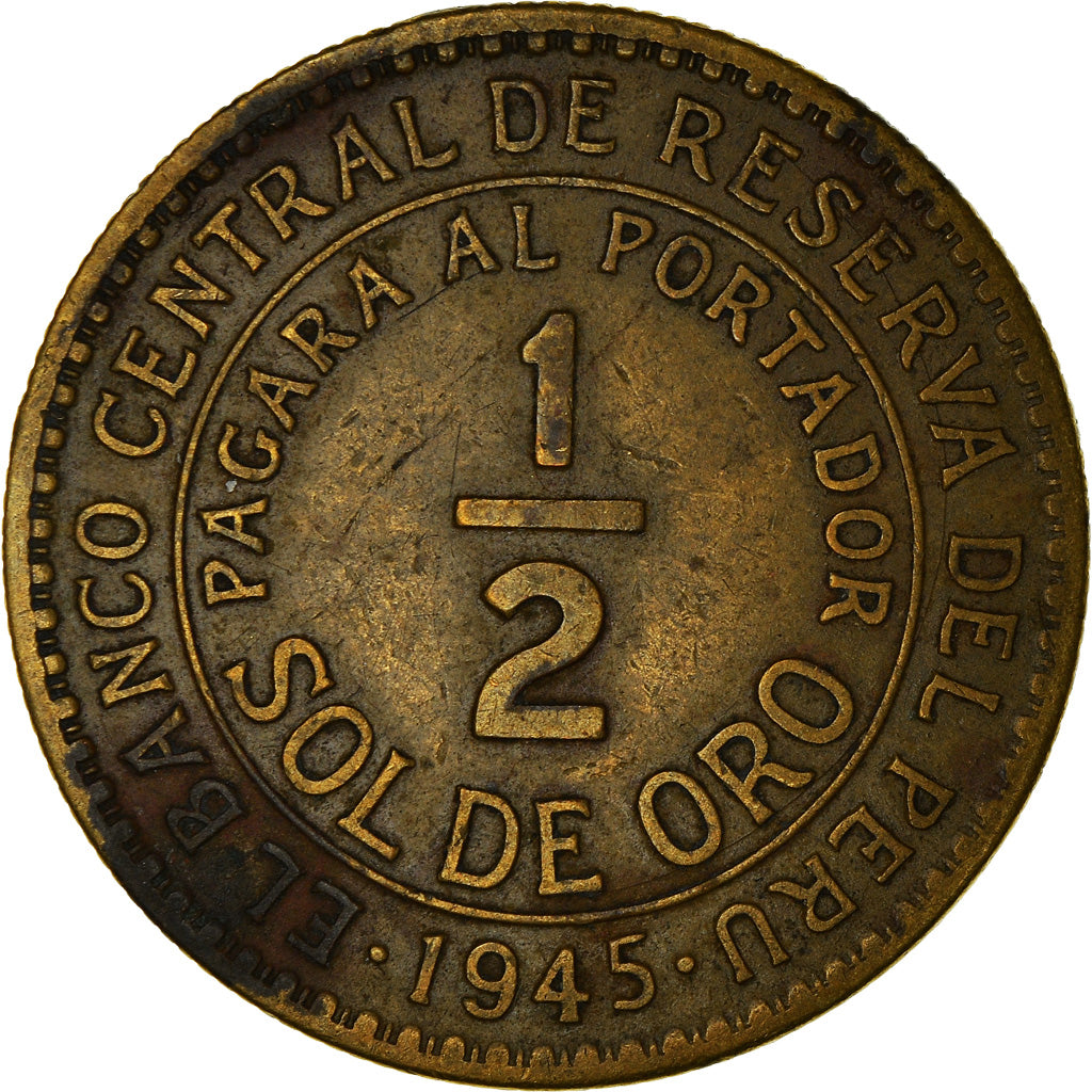Coin, Peru, 1/2 Sol, 1945, EF(40-45), Brass, KM:220.5