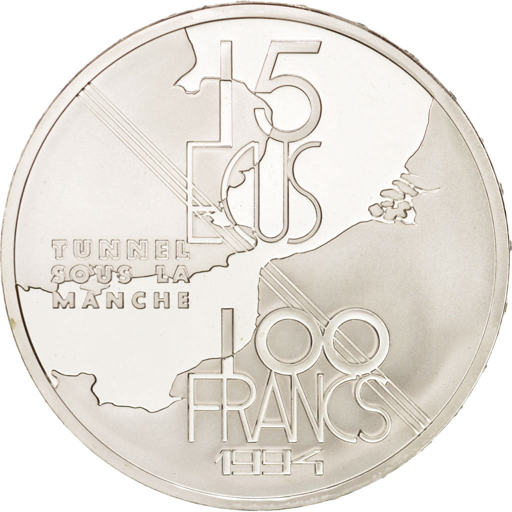 Frankreich, 100 Francs-15 Ecus, 1994, Tunnel sous la Manche, MS, Silver, KM:1060