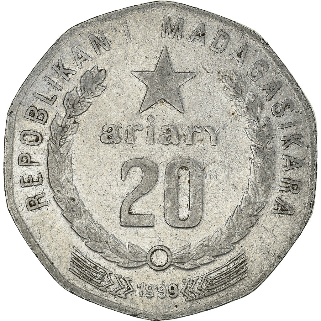 Coin, Madagascar, 20 Ariary, 1999, Royal Canadian Mint, VF(30-35), Nickel Clad